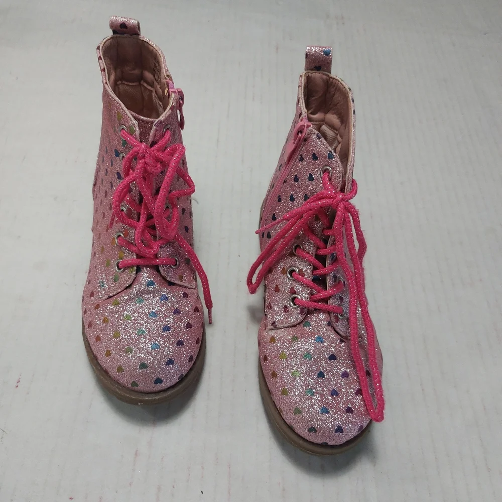 Girls Pink Glitter Combat Boots Size 13
